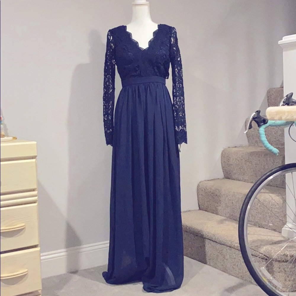 Backless Navy Lace Floor length Dress